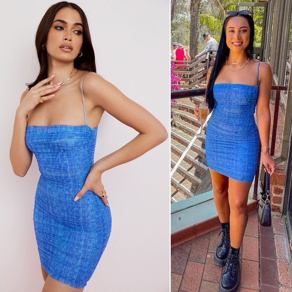 House of CB Dresses & Skirts - House of CB Ella Sky Blue Printed Ruched Organza Mesh Mini Dress